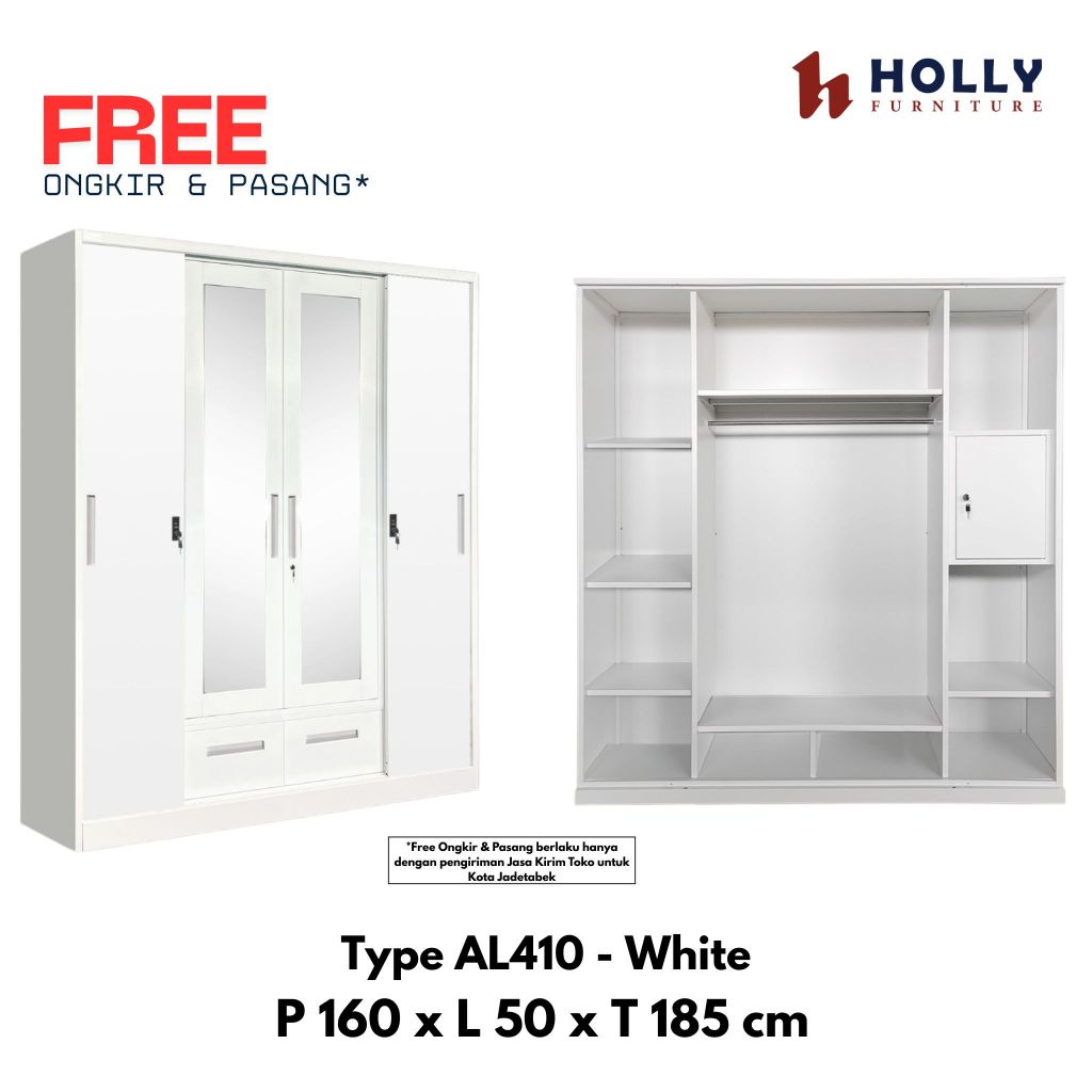 HOLLY Furniture Lemari Pakaian Besi Sliding Swing 4 Pintu Murah Modern Minimalis