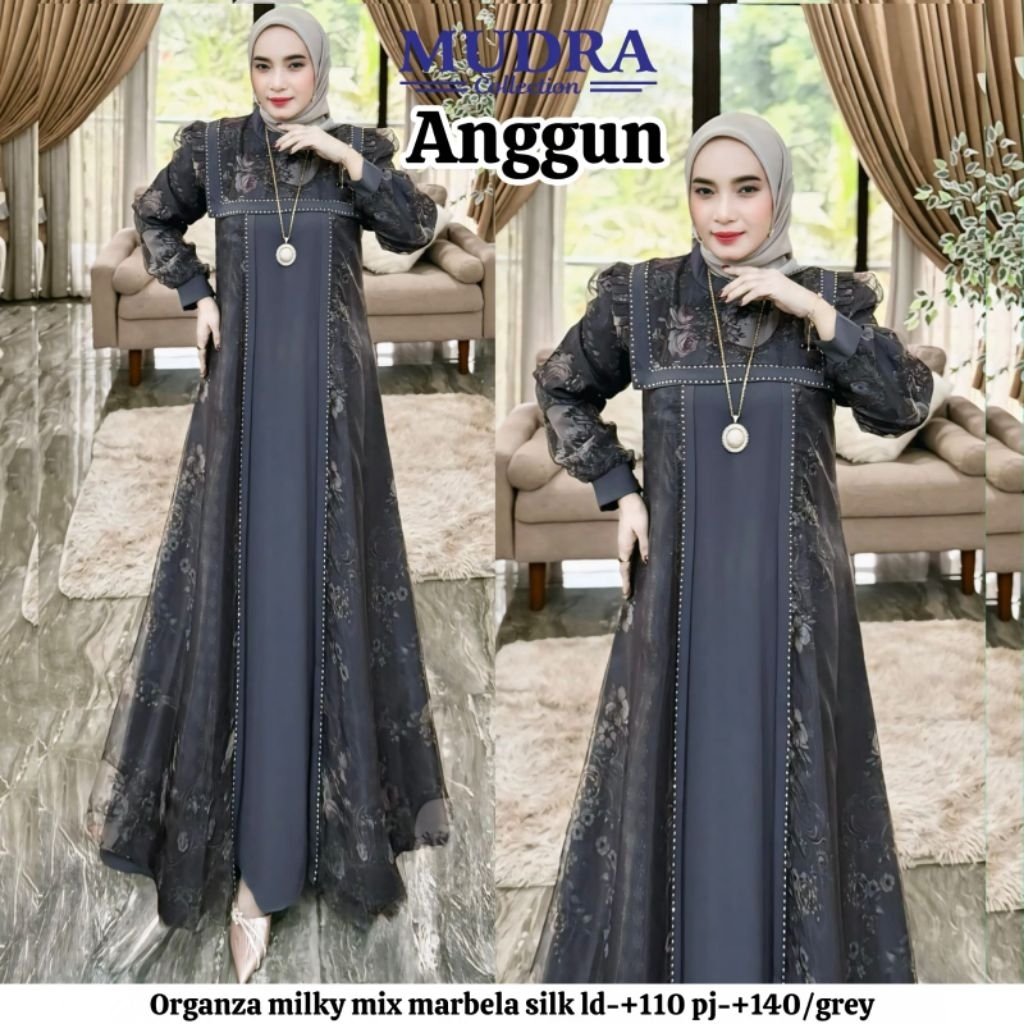 Anggun Dress by Mudra - dress organza milky mix marbela silk - gamis wanita model terbaru kekinian -