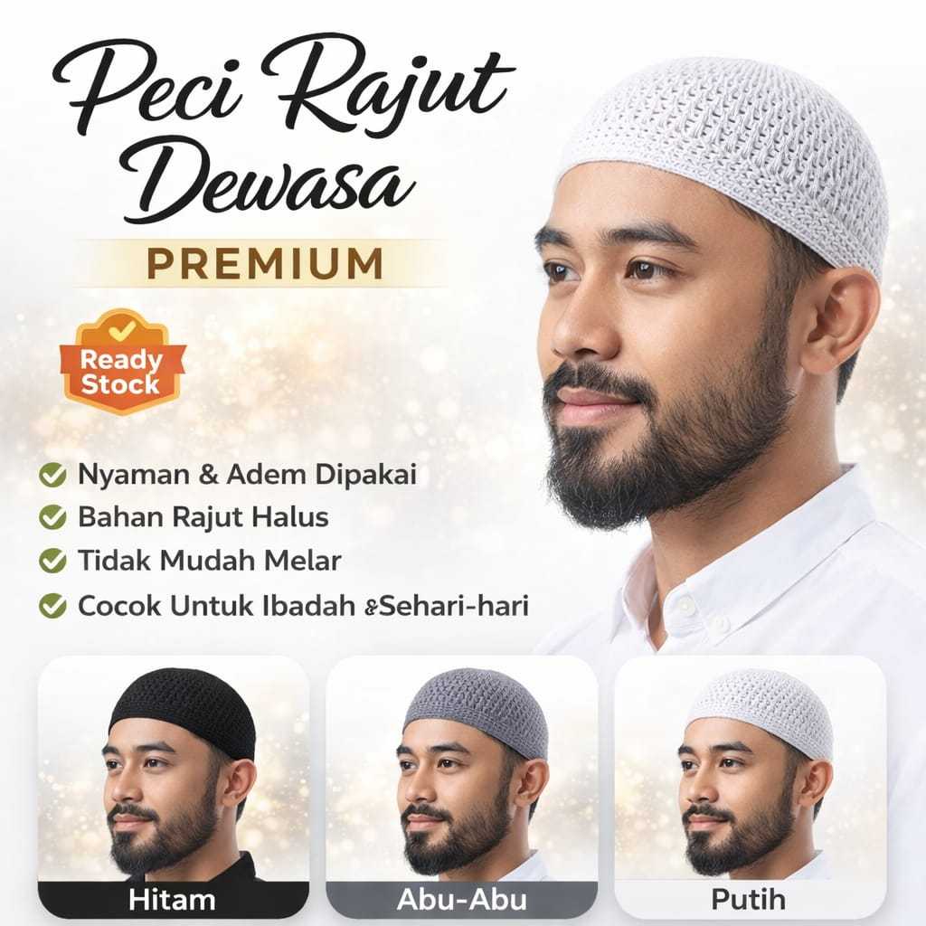 Peci Rajut Dewasa Premium Pria Putih-Hitam Tebal Elastis