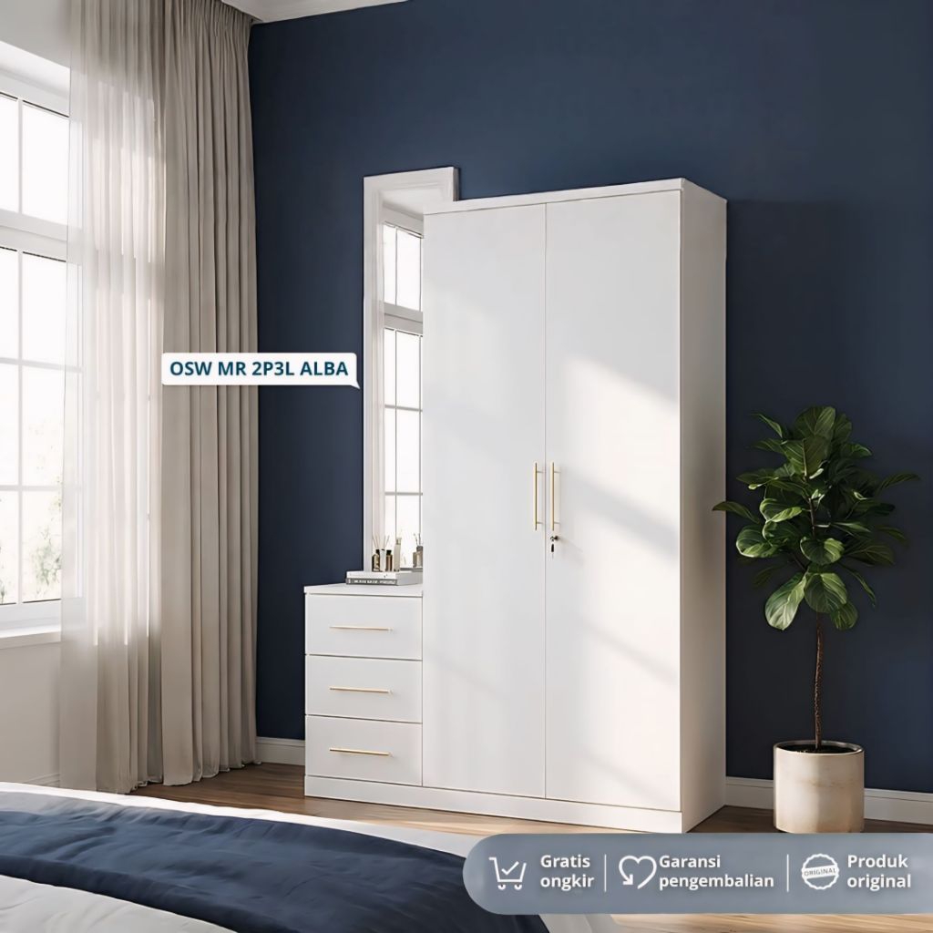 Olymsteel Lemari Pakaian Besi 2 Pintu 3 Laci Anti Rayap Anti Jamur OSW FREYA Putih Ukuran 120cm Lema