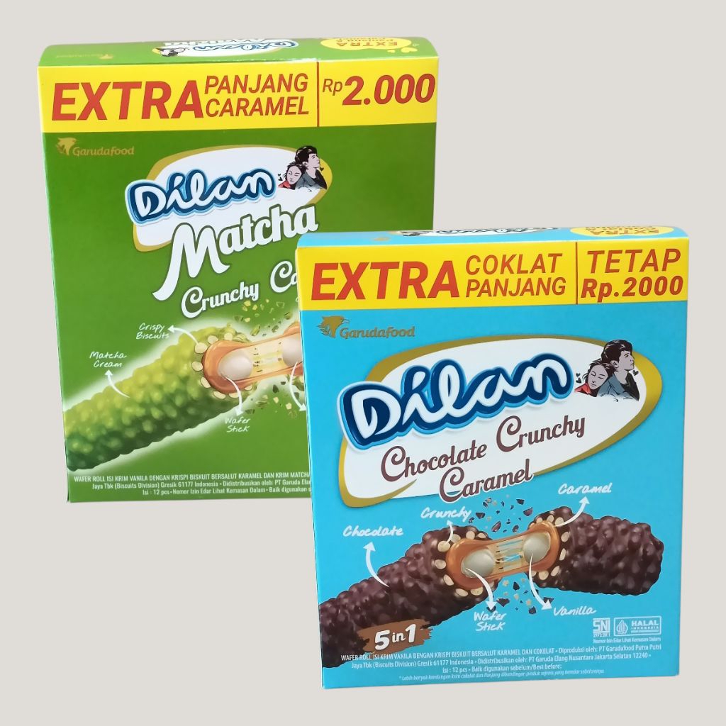 DILAN CRUNCHY Choco Caramel, Matcha & Keju Wafer Roll Stick Berbalut Coklat [12 pcs/box]