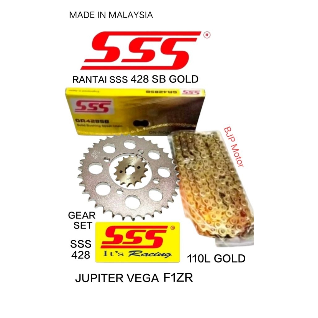 Gear set SSS 428 F1zr Jupiter Vega R Rantai SSS 428 SB 110L Gold - Pilihan Ukuran Gir, Langsung Pnp