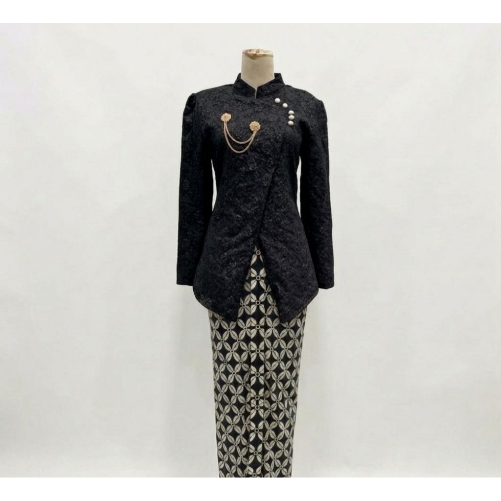 Setelan Kebaya Brokat Modern Hitam - Baju Kondangan Wanita Elegan Premium