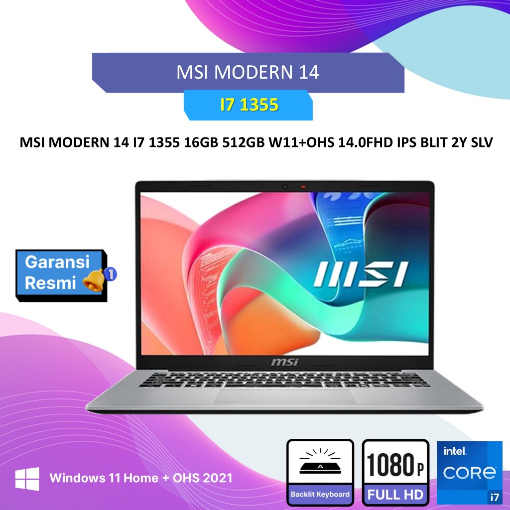 Laptop MSI Modern 14 I7 1355 16GB 512GB SSD Windows11+OHS 14.0FHD IPS BLIT 2Y