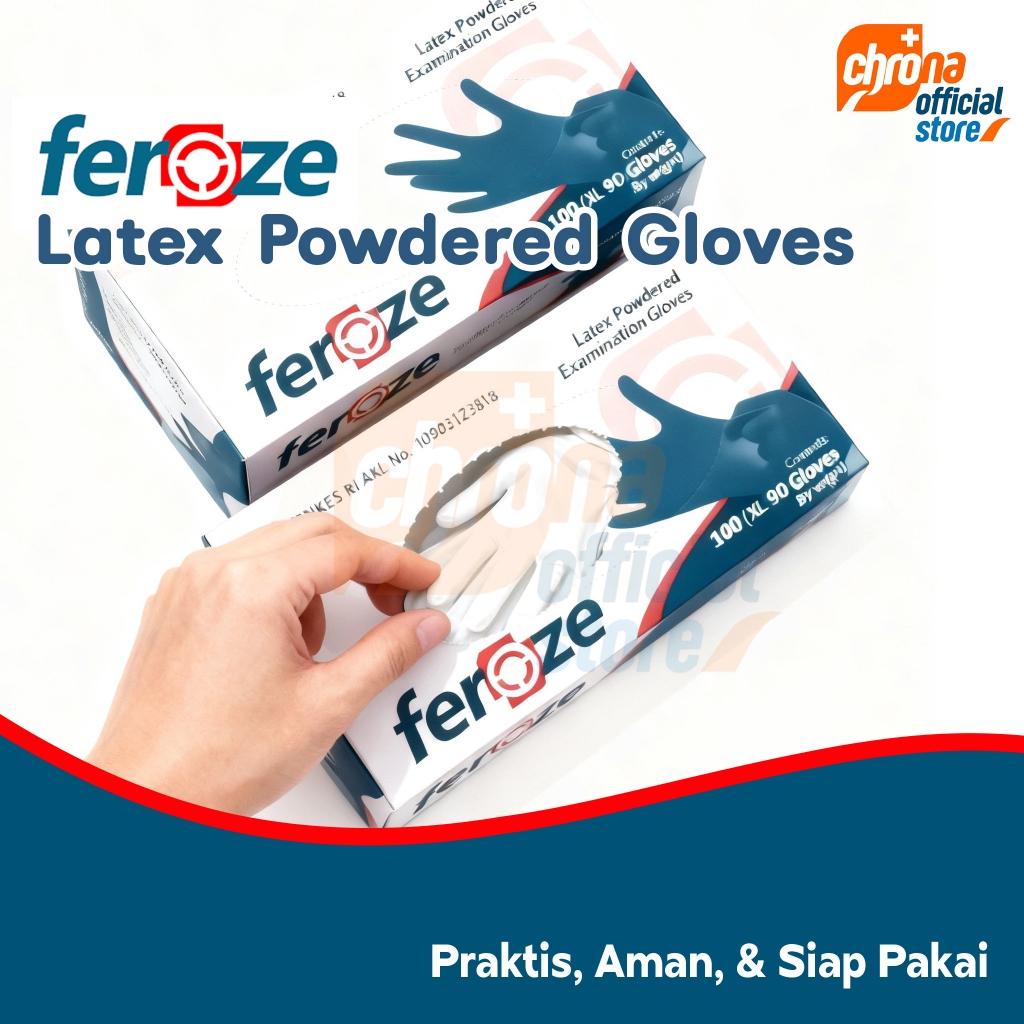 Feroze Latex Powdered Gloves I  Sarung Tangan Latex Medis Bedak  isi 100 Pcs (50 Pasang) Medis Bedak