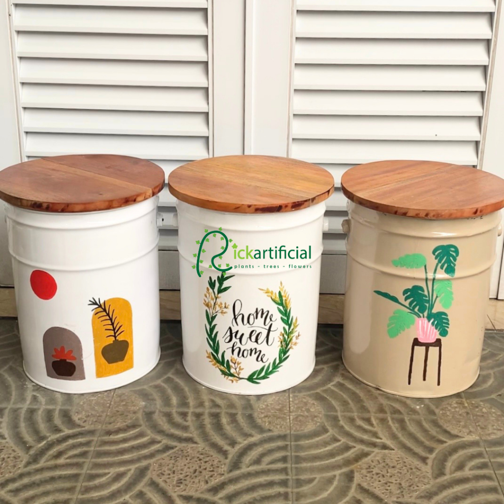 Kursi Drum Besi Industrial Bangku Cafe Aesthetic Stool Drum Tong Minimalis Tutup Kayu Dekorasi Inter