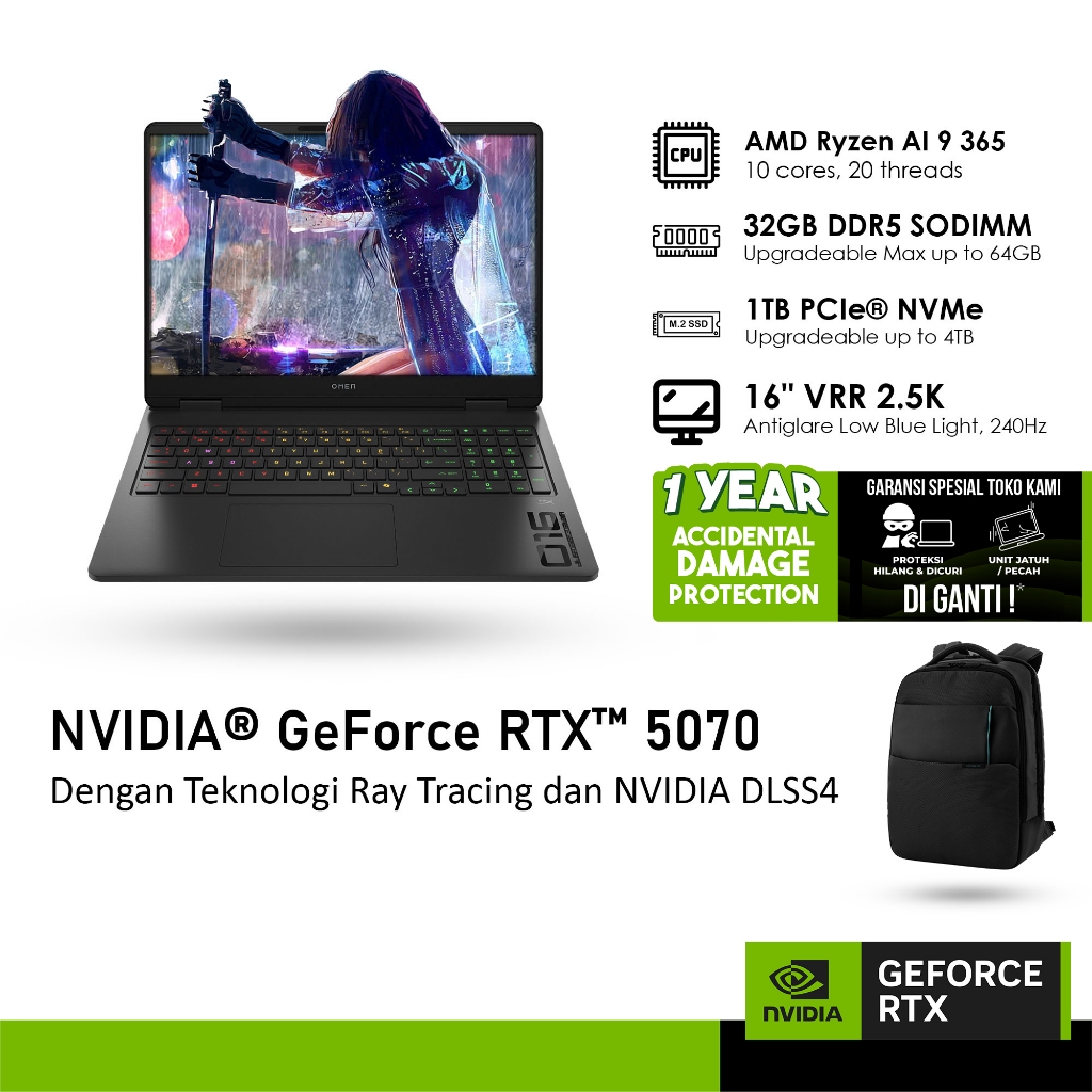 HP OMEN 16 AP0197AX GeForce RTX™ 5070 8GB - RYZEN AI 9 365 32GB 1TB WINDOWS 11 16.0 INCH WQXGA 240HZ