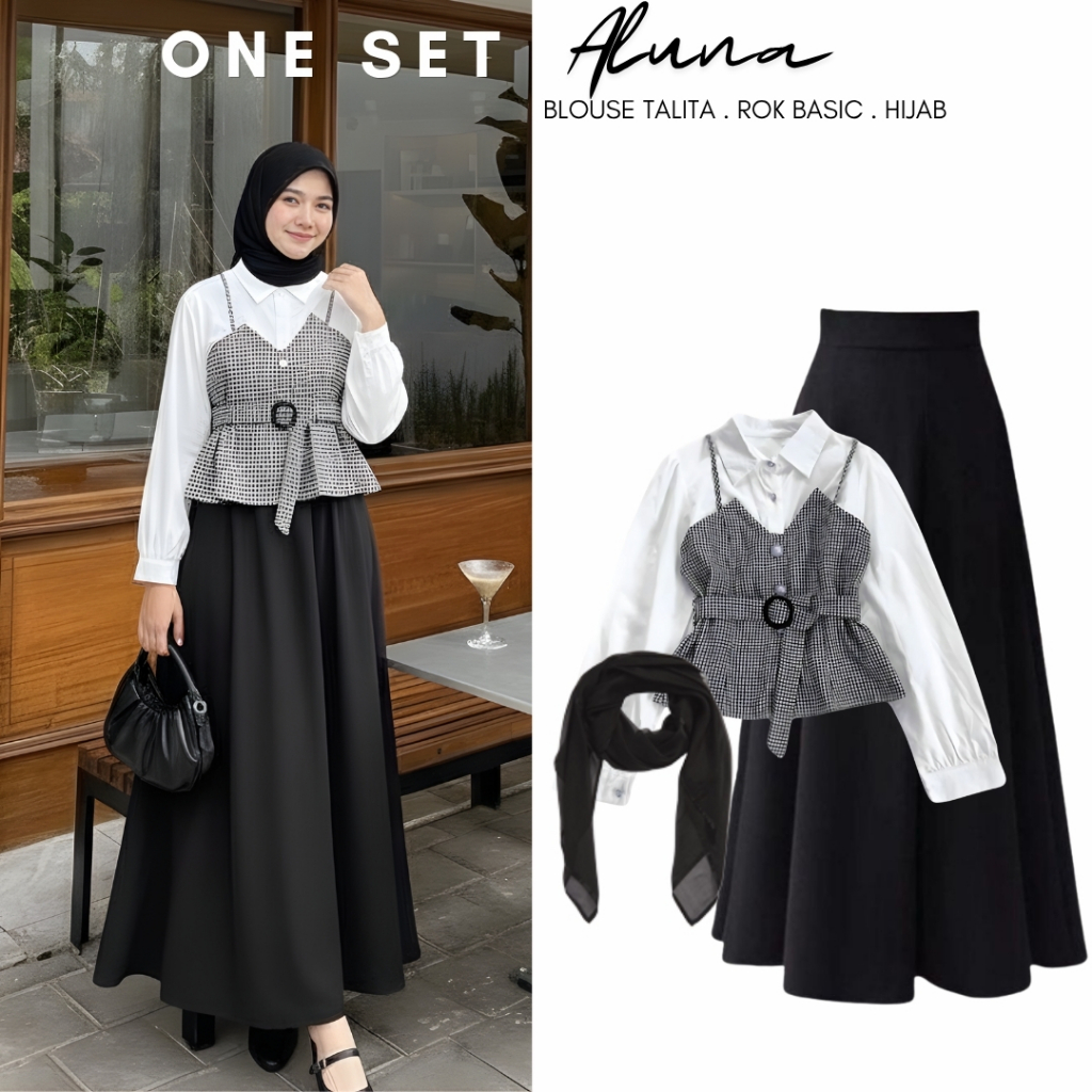 Outfit Set Aluna Setelan Korea | Blouse - Rok Basic - Hijab | One Set OOTD Wanita Formal