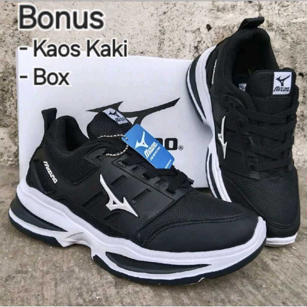 Sepatu Mizuno Pria Model Running Hitam Putih - Sepatu Olahraga Volly - Spatu Sneakers Pria Wanita Or