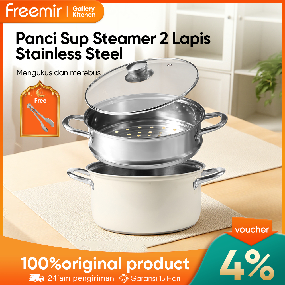freemir 2in1 Wajan Set 16cm Panci Kukus Alat Masak 304 Stainless Tebal Anti Karat Serbaguna