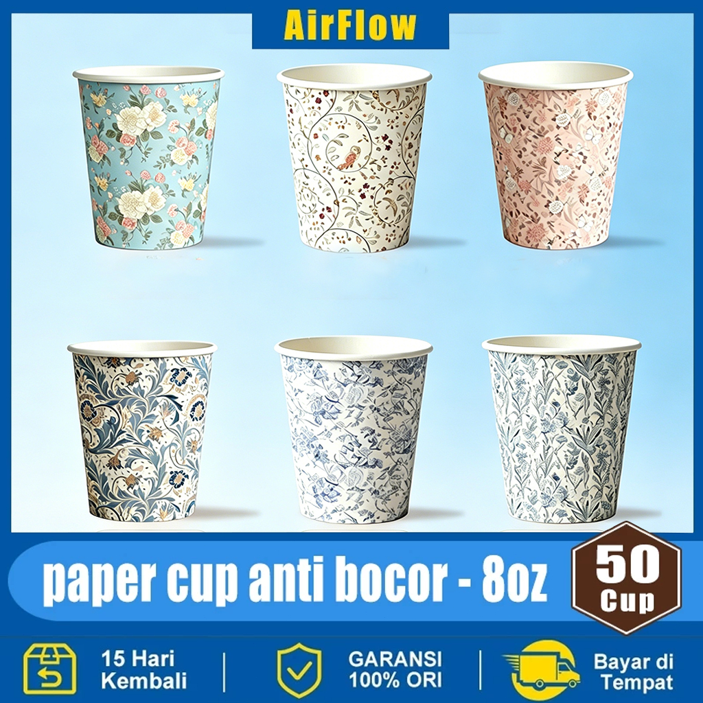 [ISI 50PCS] Gelas Kertas 8 Oz Motif Bunga Kecil 6 Varian Banyak Model - Food Grade Tebal Anti Bocor 