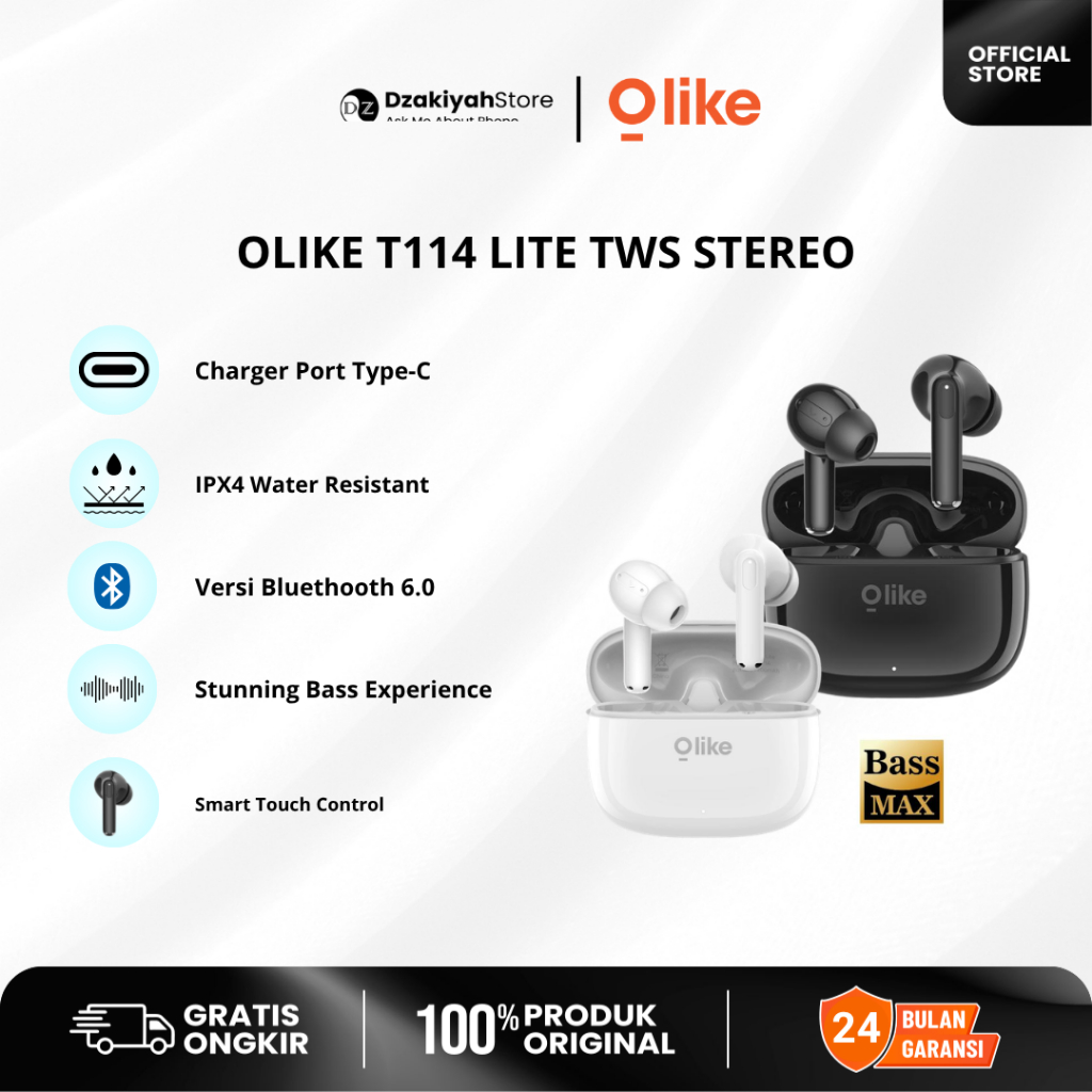 [DZAKIYAH STORE] OLIKE SUPER BASS MINI TWS T114 LITE WIRELESS EARPHONE BLUETHOOTH 6.0 IPX4