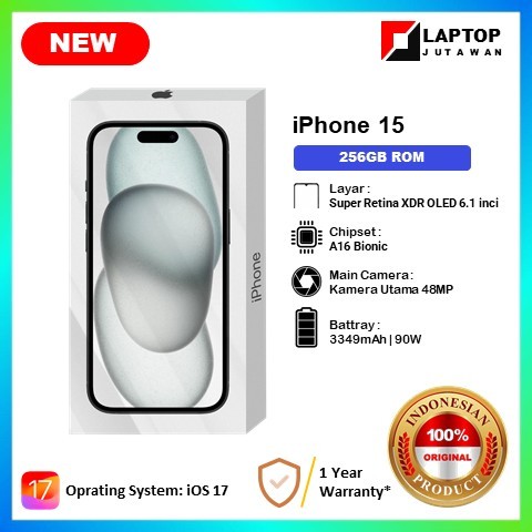 iPhone 15 256GB RAM 6GB chipset A16 Bionic Super Retina XDR OLED 6,1inci kamera 48MP Baterai 3349mAh