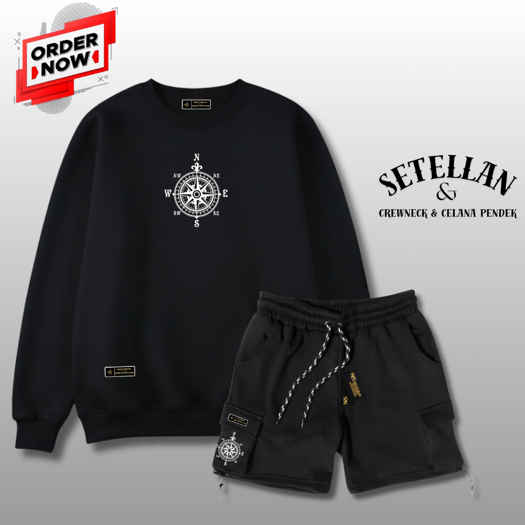 One Set Crewneck Celana Pria Distro Original CN Cargo Pendek Oversize Unisex Style Korean Authentic 