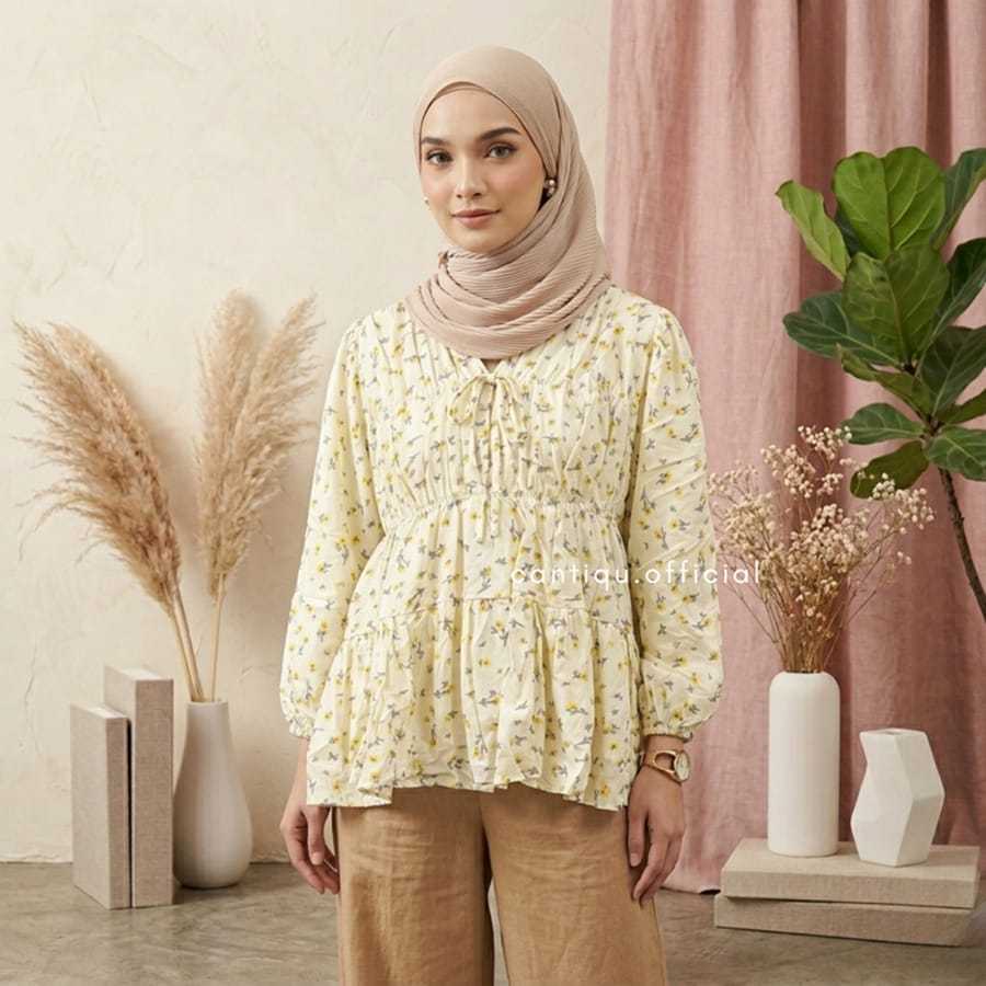 Mireya Blouse Dada Kerut Rayon Motif Bunga Wanita Lengan Panjang | Baju Atasan Wanita | Outfit Hijab