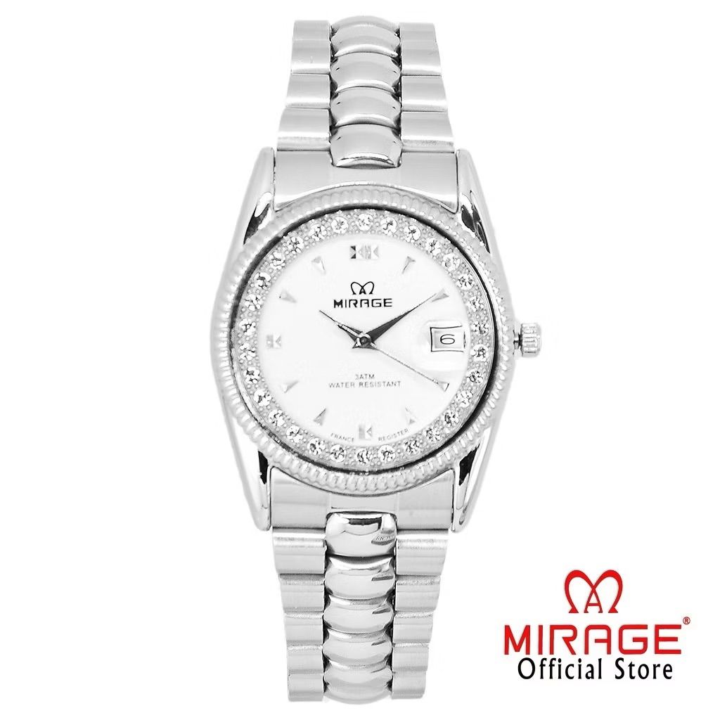 Jam Tangan Mirage  Analog Permata Original Silver Stainless Rx 1579