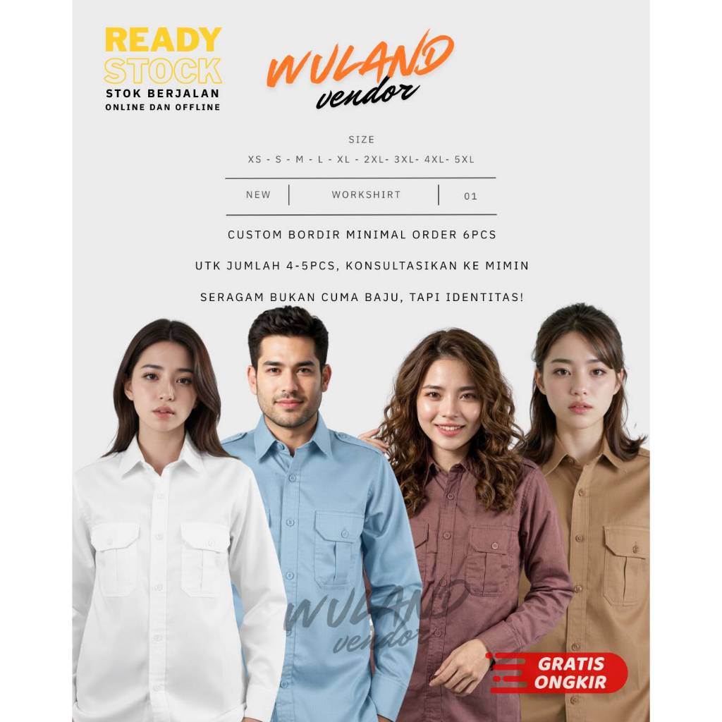 Kemeja Seragam Pria Wanita Warna Putih, Biru Muda, Salem/ Mauve, Coklat Sedang untuk Komunitas, Orga