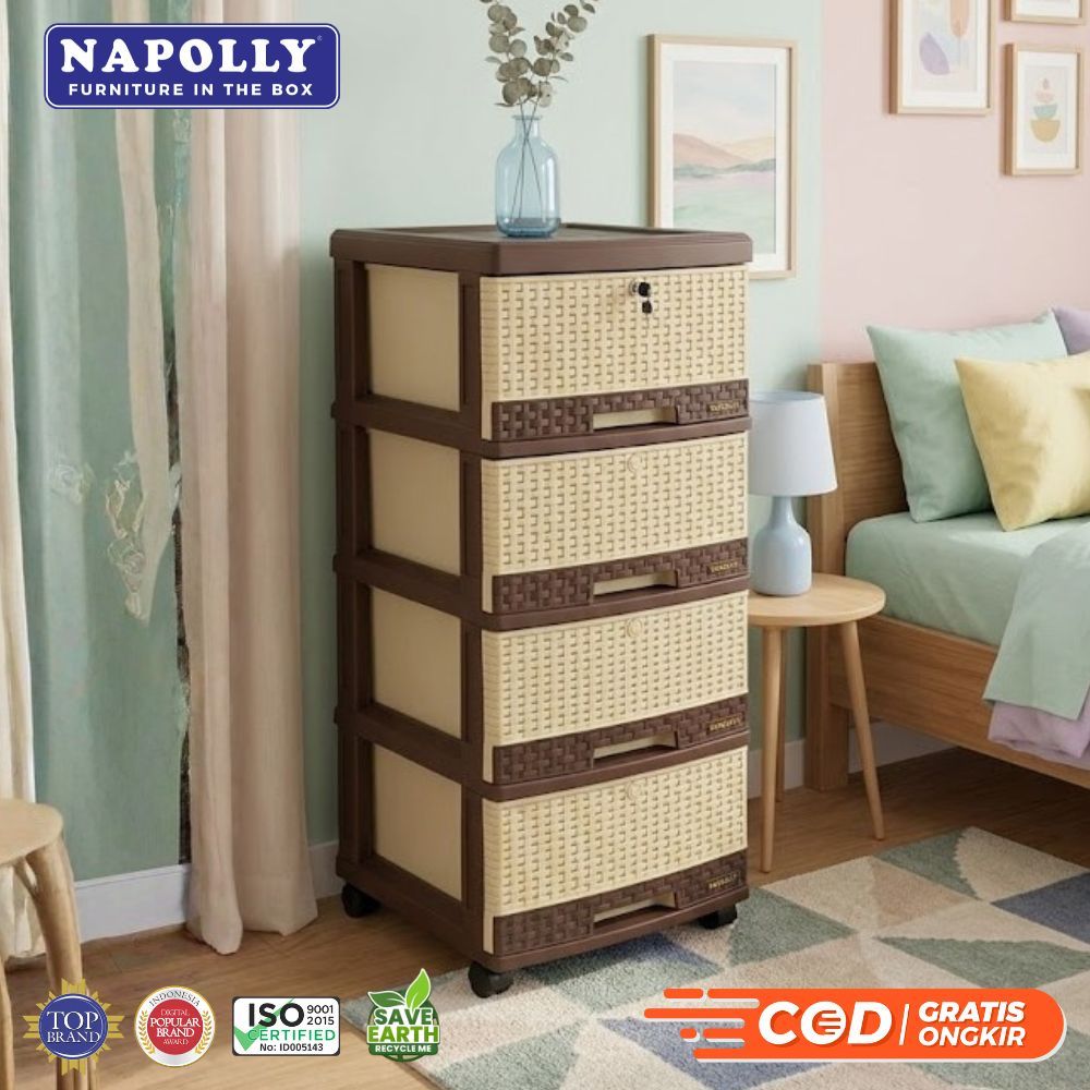 LEMARI PLASTIK NAPOLLY SCD 4 SUSUN 4 LACI DI LENGKAPI RODA DAN KUNCI LACI NAPOLI - BLUE JEANS