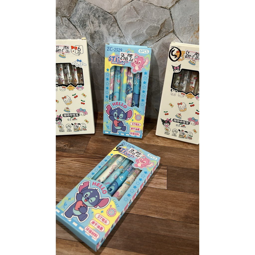 Pulpen Cair 1 Box Isi 6pcs dengan Desain Hello Kitty dan Stitch