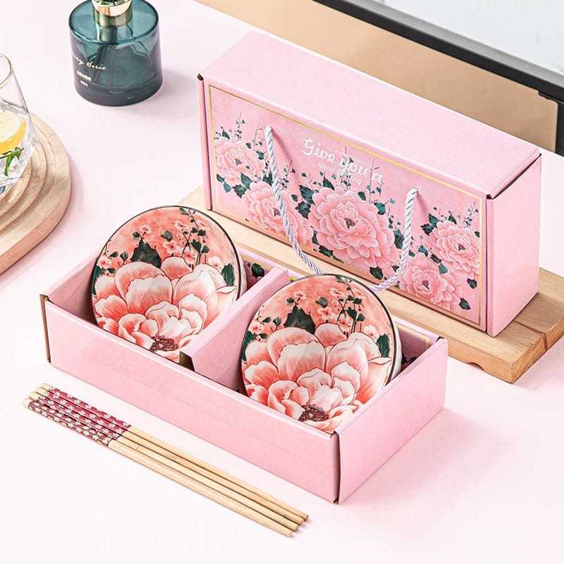 Peoni mangkok set 2 Keramik Jepang Wadah Saji dengan sumpit bambu estetik hampers