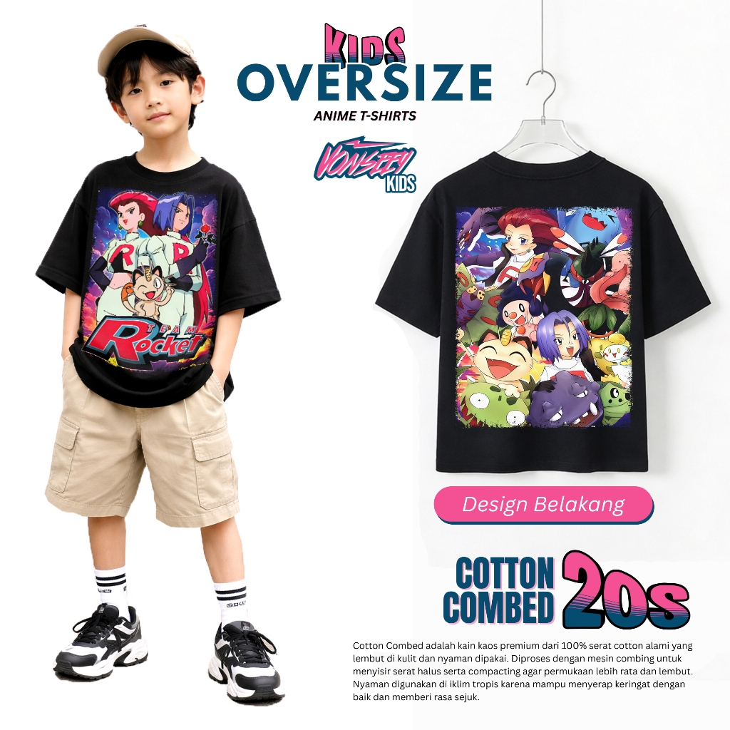 VONSEEY KIDS KAOS OVERSIZE TEAM ROCKET POKEMON ANIME MANGA TSHIRT ANAK