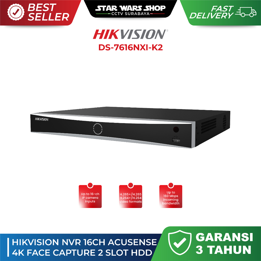 DS-7616NXI-K2(E)- HIKVISION NVR 16CH ACUSENSE 4K FACE CAPTURE 2 SLOT HDD