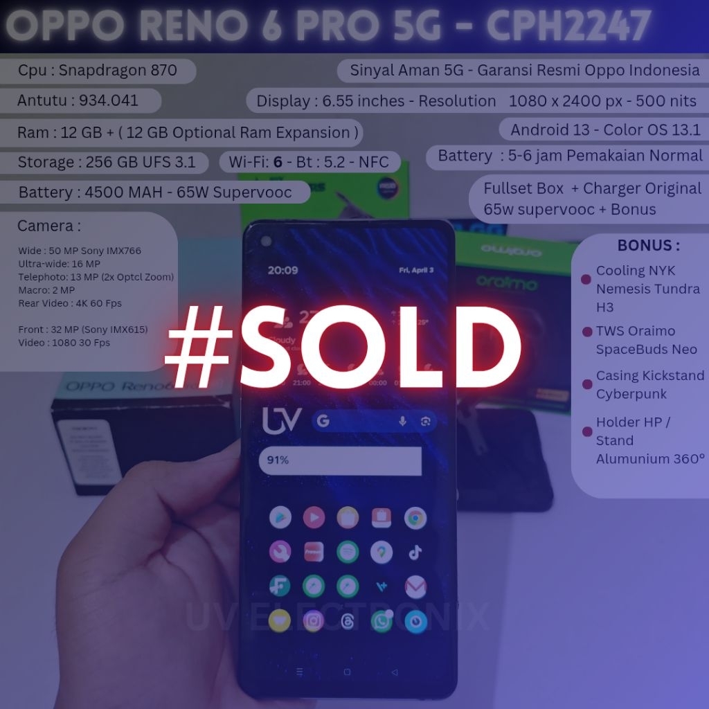 Oppo Reno 6 Pro 5g  - CPH2247 - 12/256 GB + Bonus