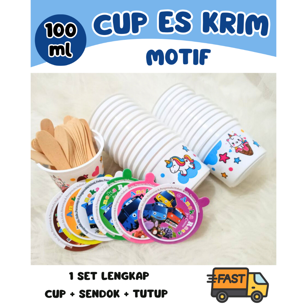 [ISI 50] Cup Plastik 100ml Motif + Tutup - Gelas Es Krim Karakter Lucu - Wadah Puding Cup Kecil Tran