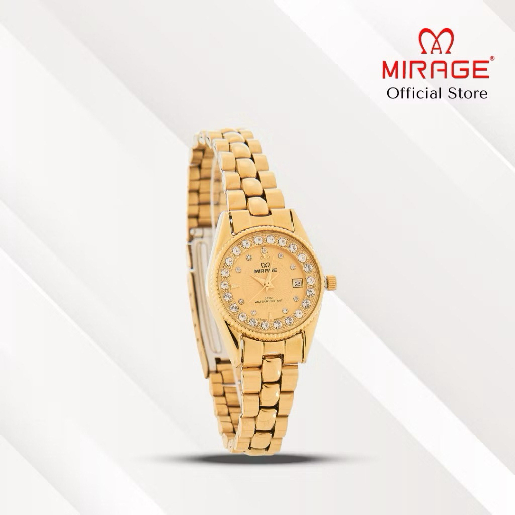 Jam Tangan Mirage Wanita Permata Analog RX 1580 Gold Original Stainless