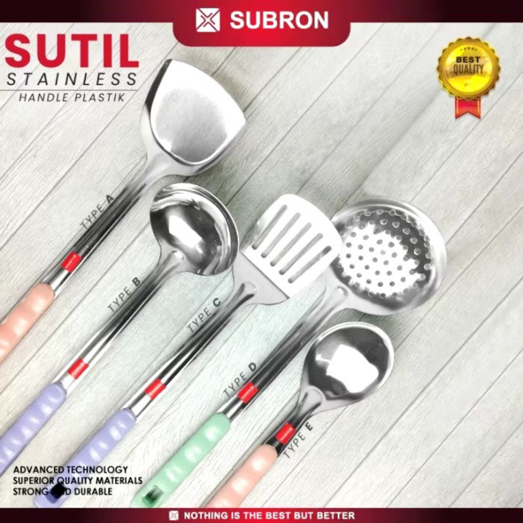 SUBRON Sutil Spatula Centong Sendok Nasi Lubang Non Lubang Stainless Pegangan Plastik Warna Pastel