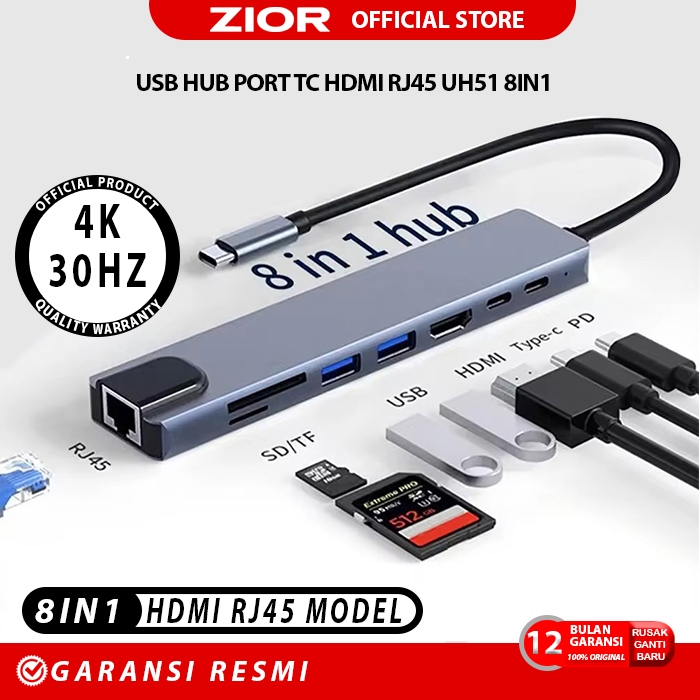 ZIOR UH51 RJ45 Type C hub 8in1 DP HDTV RJ45 100mbps PD type C card reader usb 3.0 Aluminium Macbook 