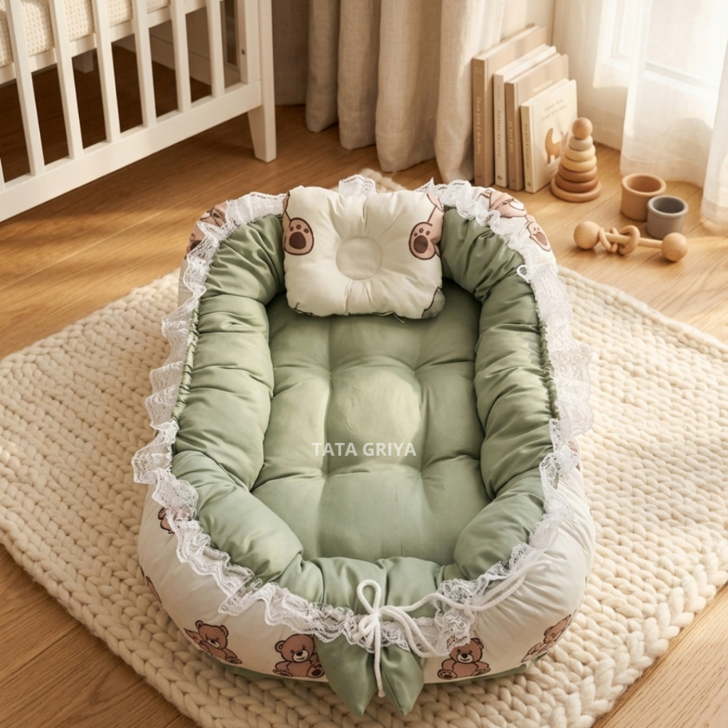 Kasur Bayi Newborn Premium Jumbo, Tebal & Aestethic Sofa Bayi Set Kelambu Free Bantal Untuk Kado Ana