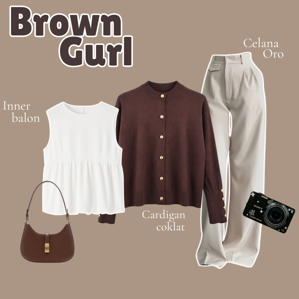 Korean Style One Set Remaja Kekinian || Inner Balon Cardigan Coklat Celana Oro || RJ109