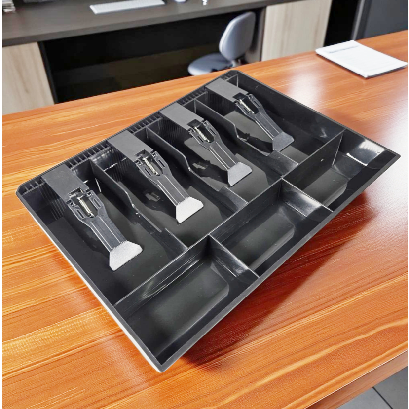 Kotak Laci Uang Kasir Plastik Hitam dengan 4 Sekat Uang Kertas dan 3 Sekat Uang Logam