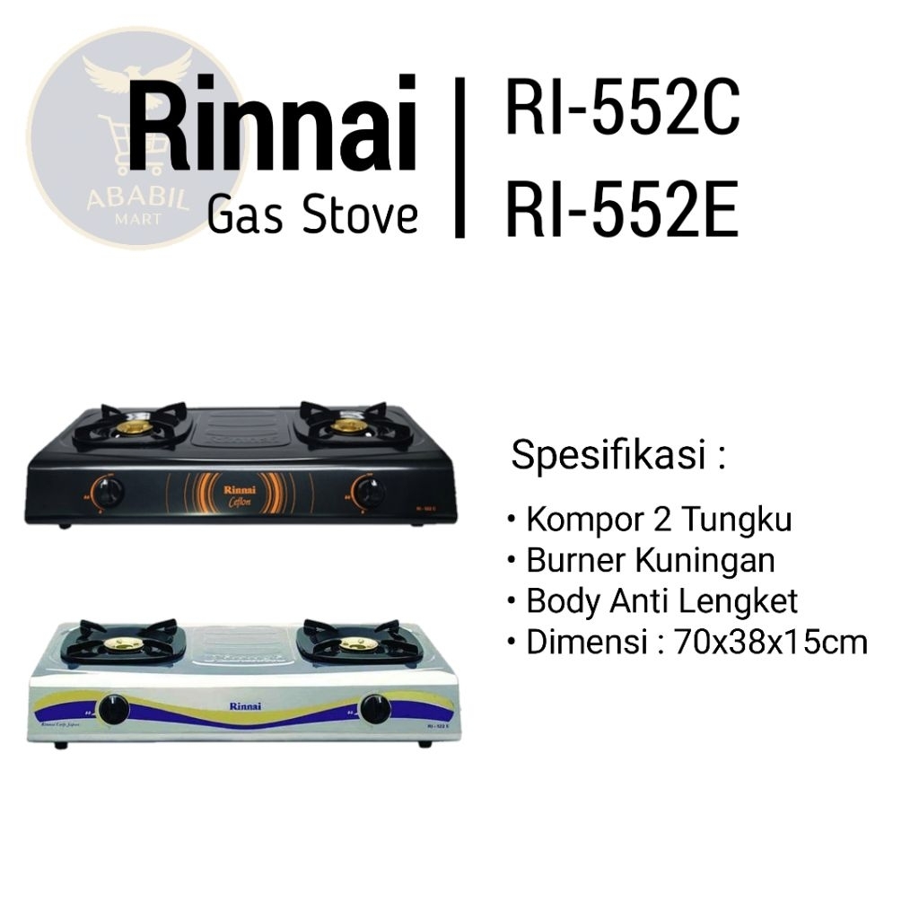 Rinnai Kompor Gas RI-552C & RI-552E 2 Tungku Burner Kuningan Body Anti Lengket Dimensi 70x38x15cm