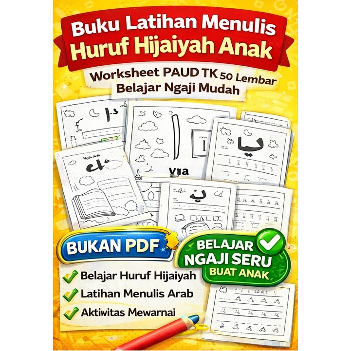 Buku Belajar Huruf Hijaiyah Anak 3-6 Tahun | Latihan Menulis Arab + Mewarnai Islami | Worksheet PAUD