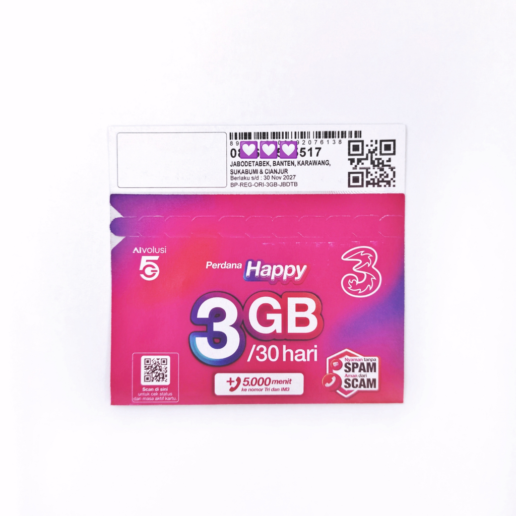 Perdana Tri Kuota 3GB Lokal, Segel 30-NOV-2027, kartu Prabayar IOH 4G/5G