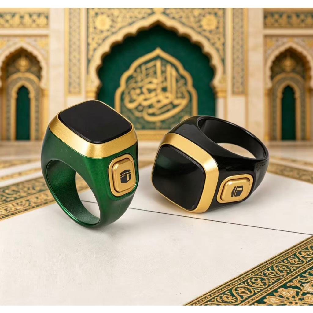 Cincin Elektronik Penghitung Ibadah Digital OLED, Hitam Emas, Getar Pengingat, Isi Ulang