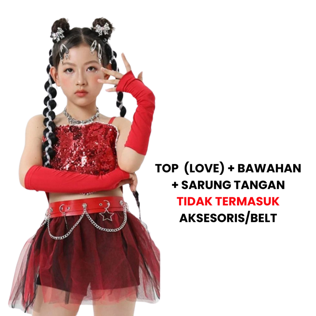 Sequiin Sole Red Love Sequin Set Kids Dance Costume/Set Baju Dance Anak Hip Hop/Kpop Hati Set Merah