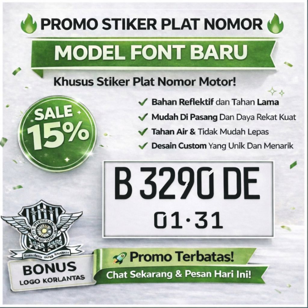 (SIAP KIRIM) Stiker Plat Nomer Motor Font Baru, Stiker Reflektif Plat Nomer Motor, Stiker Cutting Pl