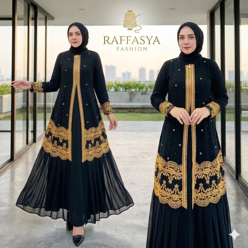 GAMIS ABAYA TURKEY BORDIR GOLD MEWAH SAHARA HITAM DAN WARNA