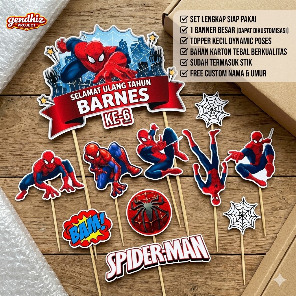 Topper Cake Spiderman Custom Nama Umur Anak | Hiasan Kue Ulang Tahun Tema Spiderman | Cake Topper Ul
