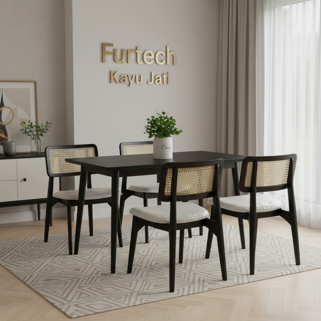 Set Meja Makan Minimalis 4 Kursi Rotan Retro Kayu Jati Furniture Jepara - Set Meja Makan Cafe Bar Re
