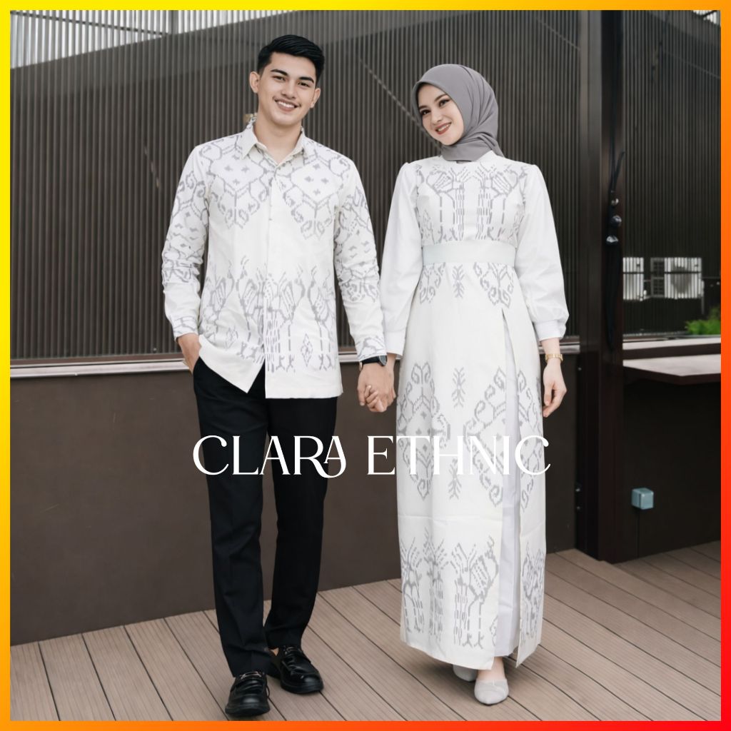 Ready Stock Baju Couple Tenun Janggar Warna Putih Tulang Kemeja Dress Tenun Pasangan Lebaran Kondang