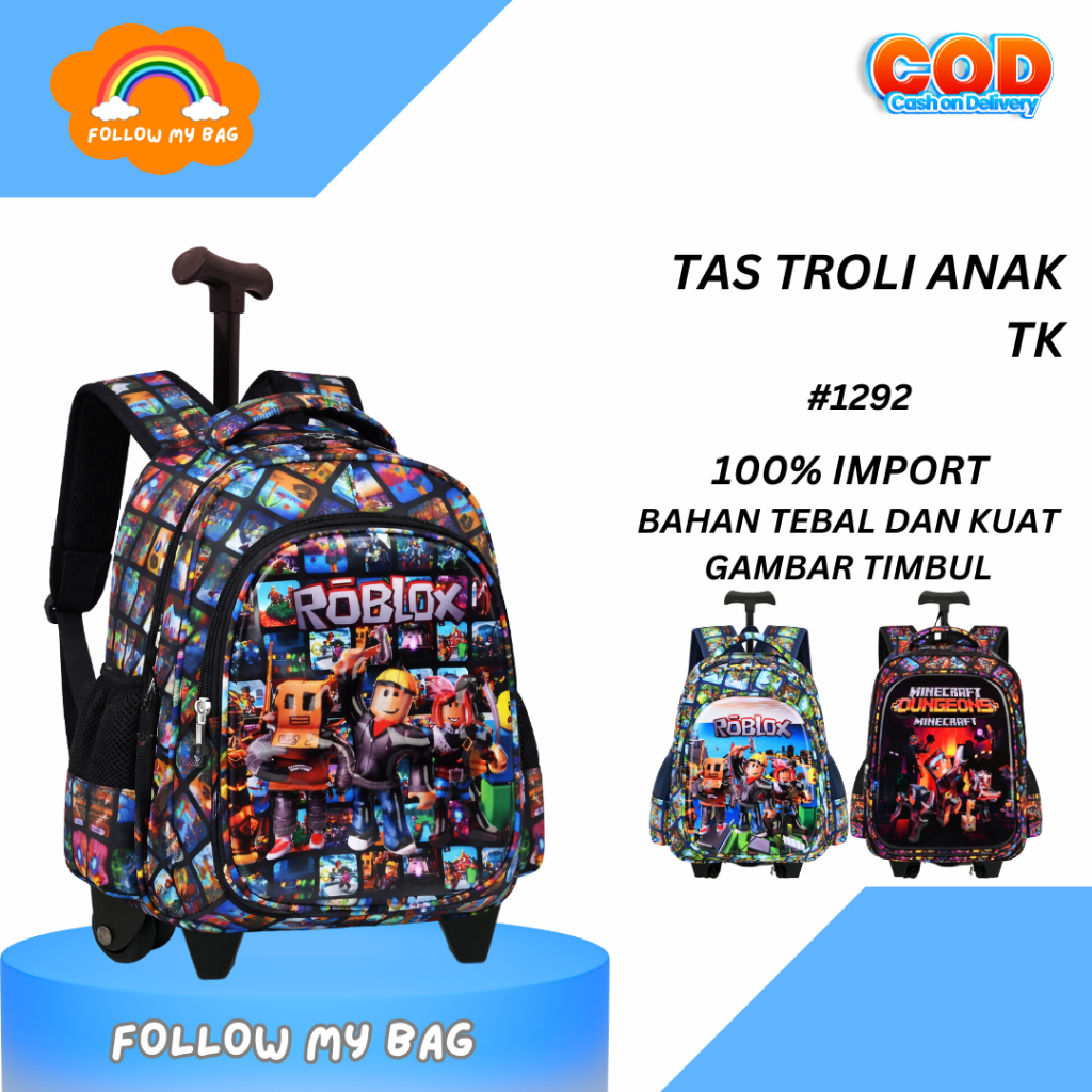 FMB Tas Koper Dorong Sekolah Anak TK  Motif Roblox Timbul 3D Tas Roda Trolley 1292