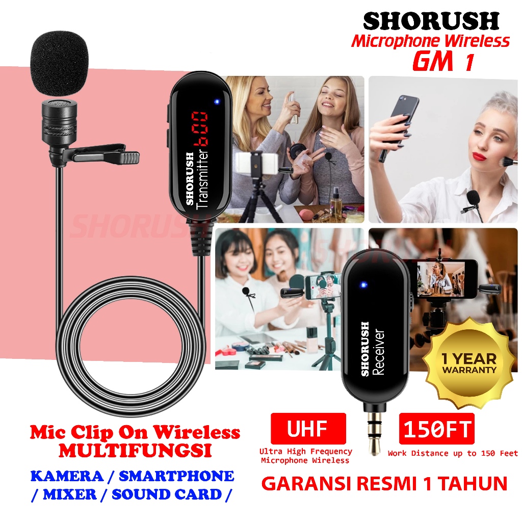 Shorush GM 1 Microphone Mic Clip On Wireless Jepit Imam Masjid UHF PRANK VLOG Untuk Smartphone HP Yo