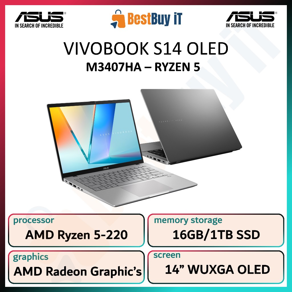 Asus Vivobook S14 OLED M3407HA Ryzen 5-220 16GB 1TB SSD 14" WUXGA WIN11+OHS
