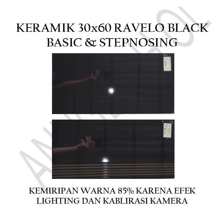 KERAMIK TANGGA UKURAN 30X60 RAVELO BASIC DAN STEPNOSING WARNA HITAM BERCAK EMAS ISI 6 KW 1