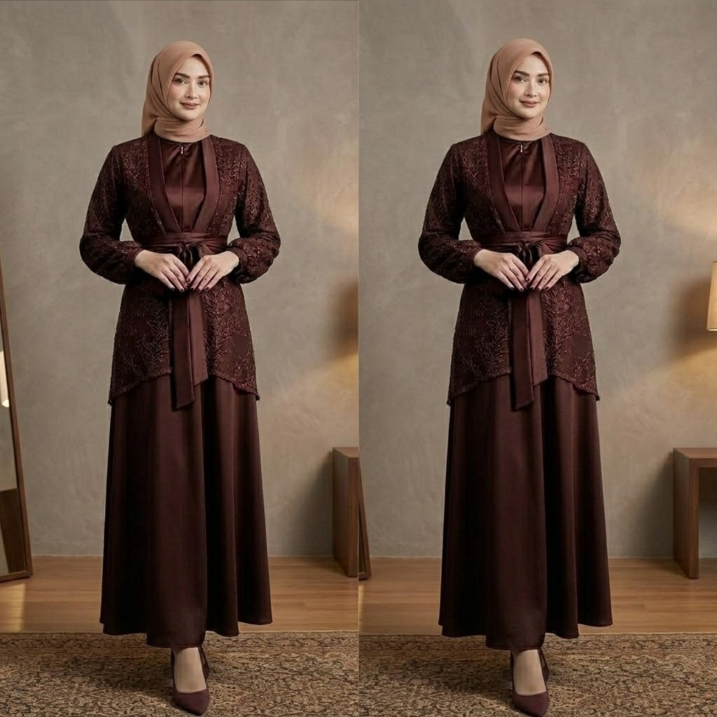 Gamis Muslim Wanita Fuji Dress Veloxa Mahogany Satin Brokat Busui Friendly