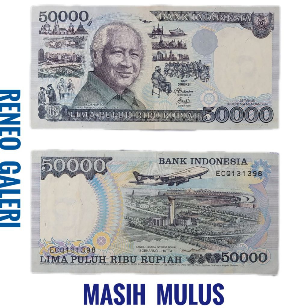 Mulus asli 50.000 tahun 1993 1995 Suharto mesem soeharto Rp 50000 uang kertas Kuno original